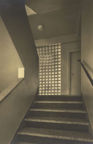 Pressehaus Drahtverband, Düsseldorf, Teilansicht der Treppe mit Prismenwänden, Architekt Bernhard Pfau