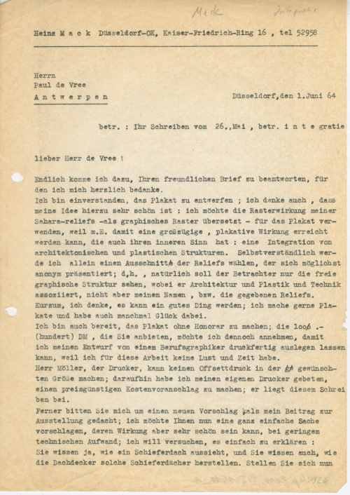 Heinz Mack (Absender*in), Korrespondenz von Heinz Mack an Paul de Vree, 01.06.1964