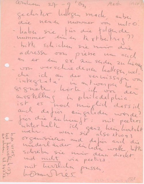 Herman de Vries (Absender*in), Korrespondenz von Herman de Vries an Heinz Mack, 27.09.1964