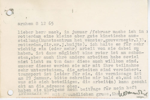 Herman de Vries (Absender*in), Korrespondenz von Herman de Vries an Heinz Mack, 08.12.1965