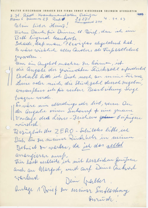 Firma Ernst Kirschbaum (Absender*in), Korrespondenz von Walter Kirschbaum an Heinz Mack, 04.11.1963