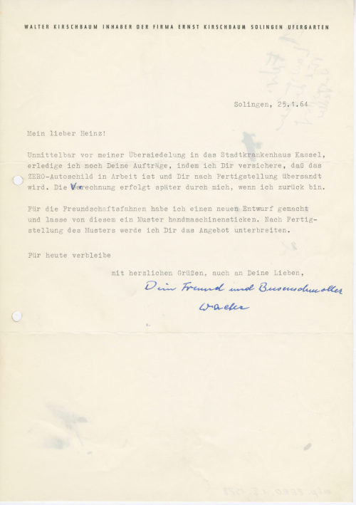 Firma Ernst Kirschbaum (Absender*in), Korrespondenz von Walter Kirschbaum an Heinz Mack, 25.01.1964