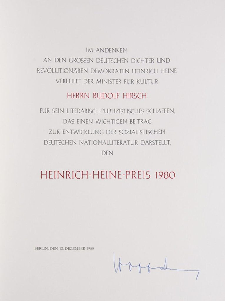 Urkunde über den Heine-Preis 1980