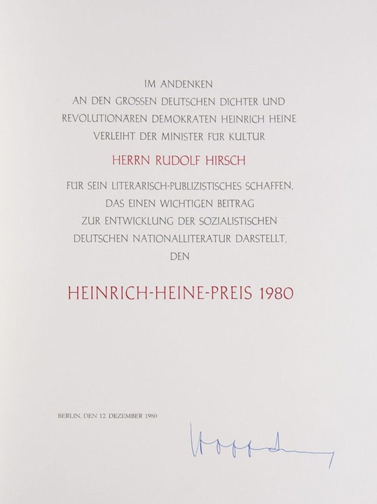 Urkunde über den Heine-Preis 1980