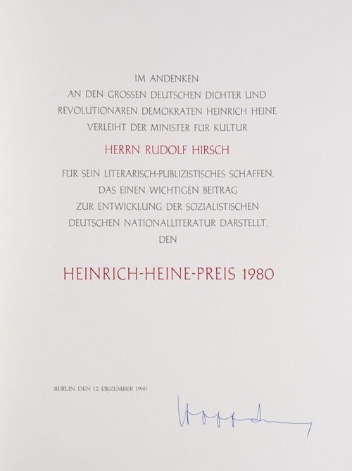 Rudolf Hirsch (Gefeiert), Urkunde über den Heine-Preis 1980, 12.12.1980