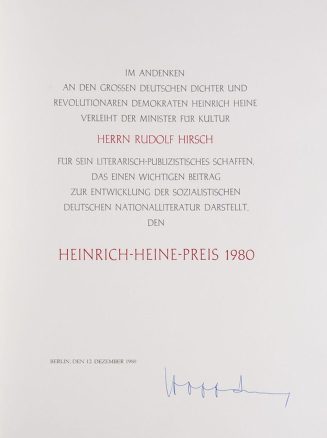 Urkunde über den Heine-Preis 1980