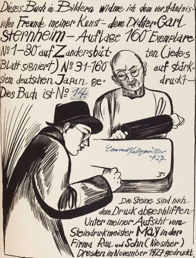 Schlussblatt mit Impressum (Selbstbildnis und Steindruckmeister May)