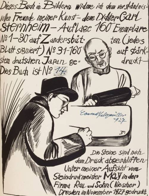 Conrad Felixmüller (Künstler*in), Schlussblatt mit Impressum (Selbstbildnis und Steindruckmeister May), 1927