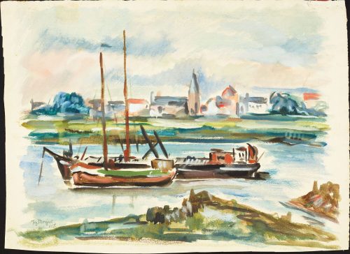 Franz Monjau (Künstler*in), Recto: Schiffe auf der Ijssel. Verso: ohne Titel [ndl. Hafen / Stadtansicht], 1935