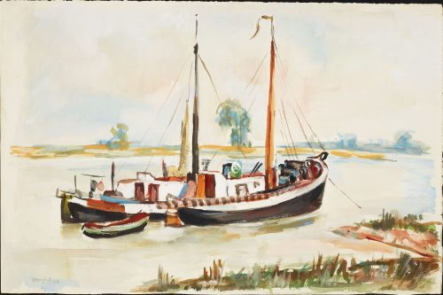 Franz Monjau (Künstler*in), Recto: Fischerboote auf dem Rhein bei Ilverich. Verso: Basaltsteinbruch bei Hoffeld-Eifel, 1937