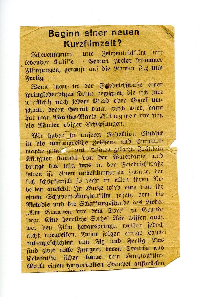 Zeitungsausschnitt zu der Trickfilmerin Martha-Maria Klingner, undatiert, ca. 1930er Jahre