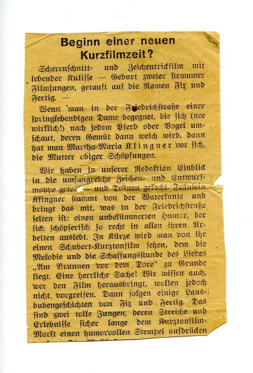 Zeitungsausschnitt zu der Trickfilmerin Martha-Maria Klingner, undatiert, ca. 1930er Jahre