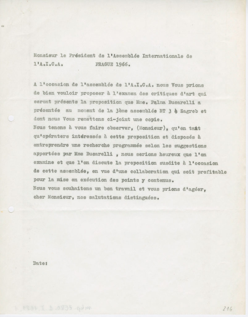 Korrespondenz von [?] an den Präsidenten der Association Internationale des Critiques d’Art