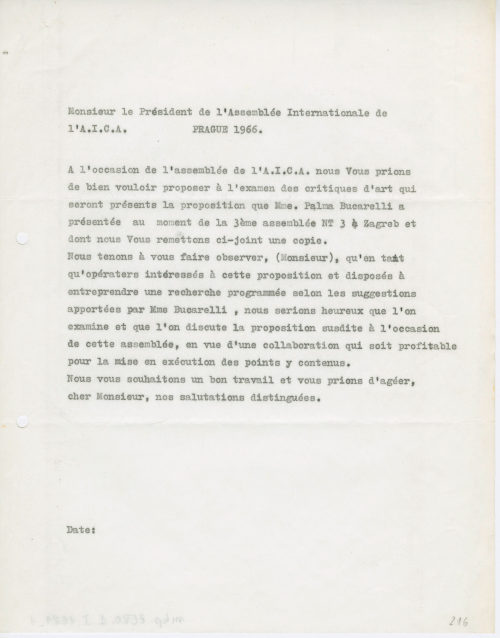 International Association of Art Critics (Empfänger*in), Korrespondenz von [?] an den Präsidenten der Association Internationale des Critiques d’Art, [??.??.1966]