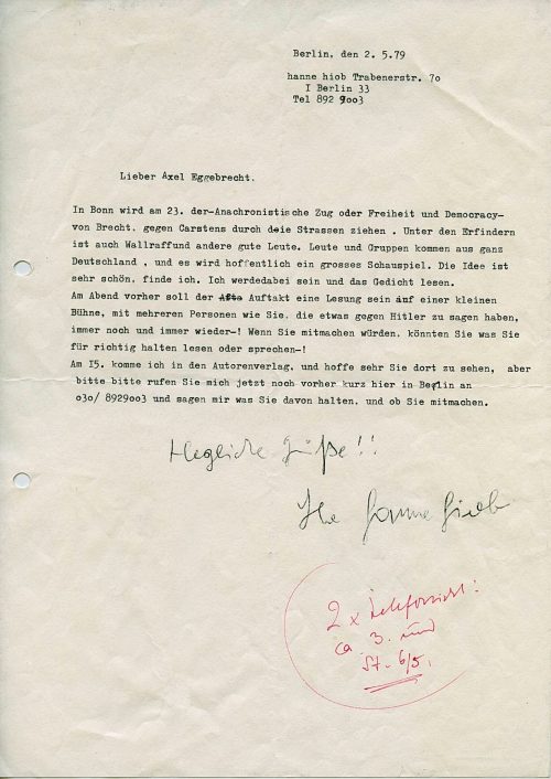 Brief von Hanne Hiob an Axel Eggebrecht