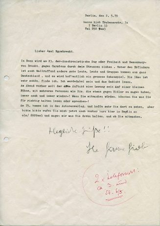 Brief von Hanne Hiob an Axel Eggebrecht