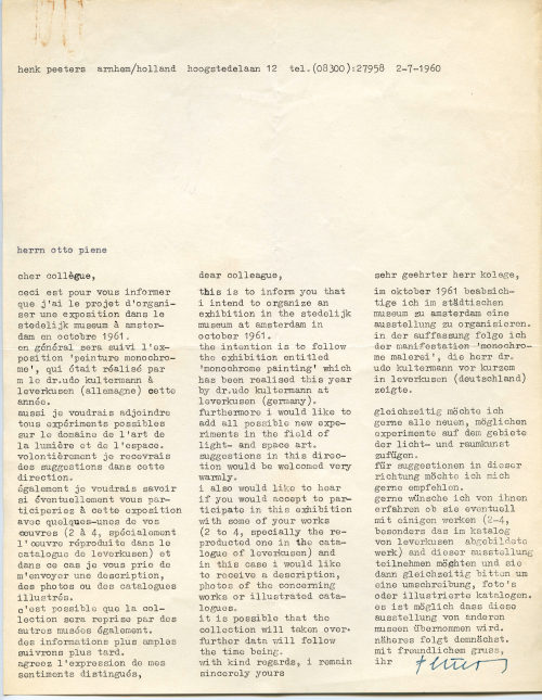 Henk Peeters (Absender*in), Korrespondenz von Henk Peeters an Otto Piene, 02.07.1960