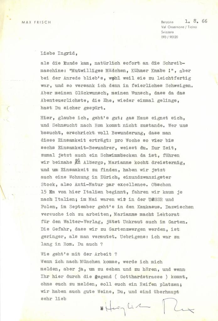 Brief von Max Frisch an Ingrid Bachér (1.8.1966)