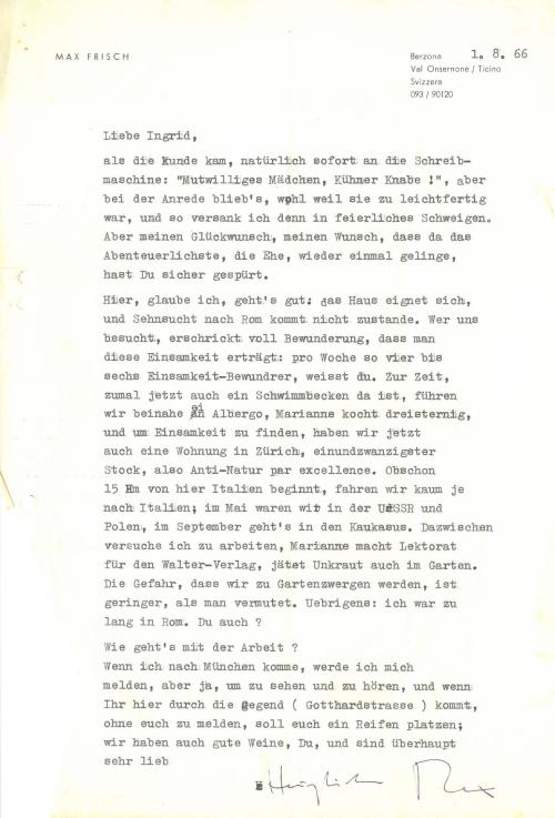 Brief von Max Frisch an Ingrid Bachér (1.8.1966)