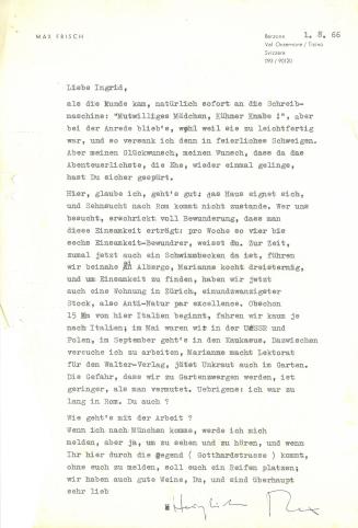 Brief von Max Frisch an Ingrid Bachér (1.8.1966)