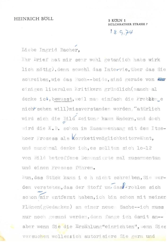 Brief von Heinrich Böll an Ingrid Bachér (18.9.1974)