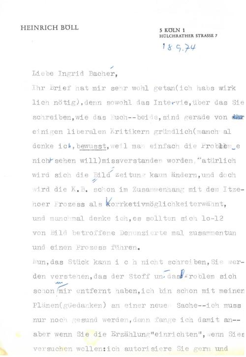 Brief von Heinrich Böll an Ingrid Bachér (18.9.1974)