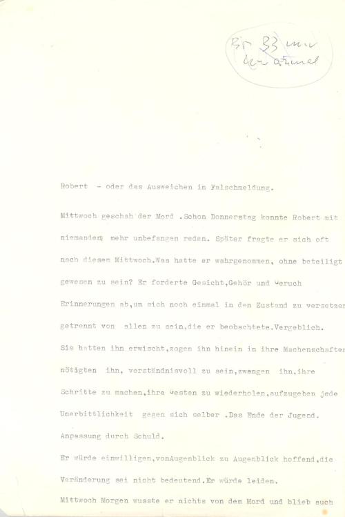 Aus dem Manuskript "Robert oder Das Ausweichen in Falschmeldungen", erste Seite 