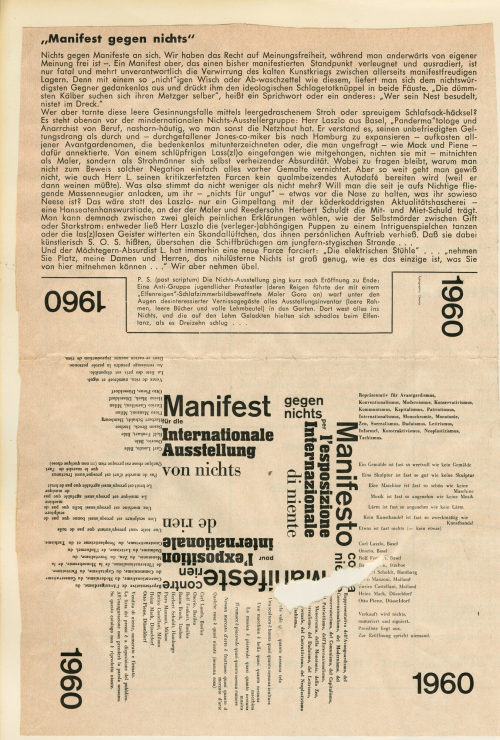 Carl Laszlo (Autor*in), Manifest gegen nichts für die Internationale Ausstellung von nichts, 1960