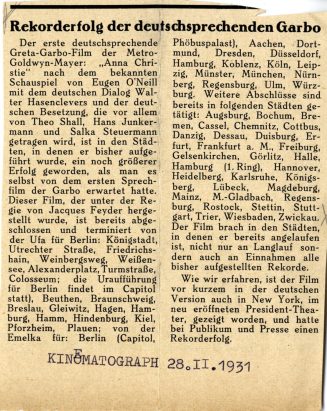 Artikel im Kinematographen zu dem Film "ANNA CHRISTIE" (deutsche Version), 28.2.1931