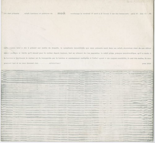 Iris Clert (Beteiligte Institution), Mack: Reliefs, Lumineux et Peintures. Galerie Iris Clert Paris, 17.04.-05.05.1959, 1959