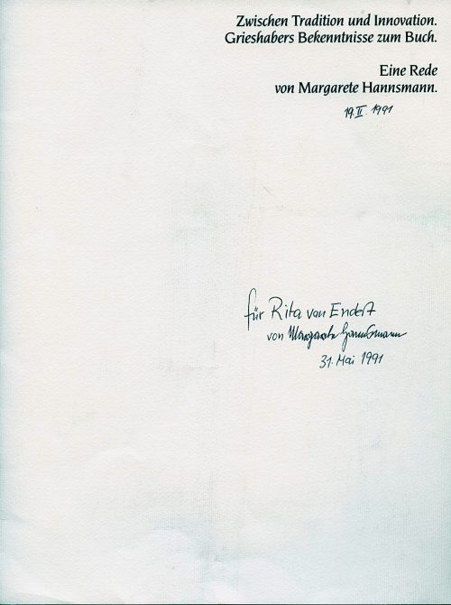 Titelblatt eines Sonderdrucks von Margarete Hannsmann mit eigenhändiger Widmung für Rita van En ...