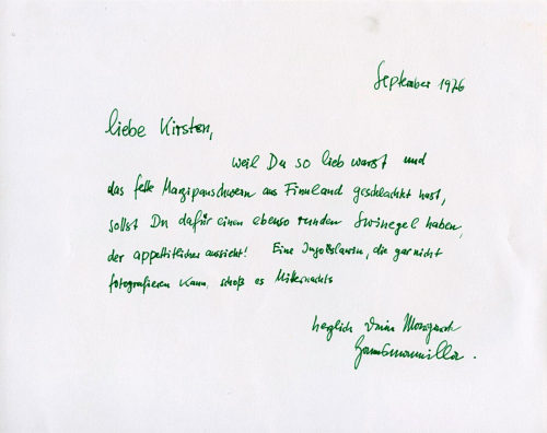 Brief von Margarete Hannsmann an Kirsten Engelmann auf der Rückseite einer SW-Fotografie, 1976