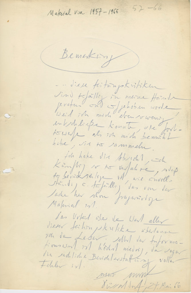Bemerkung von Heinz Mack zu seiner Sammlung der Presseartikel