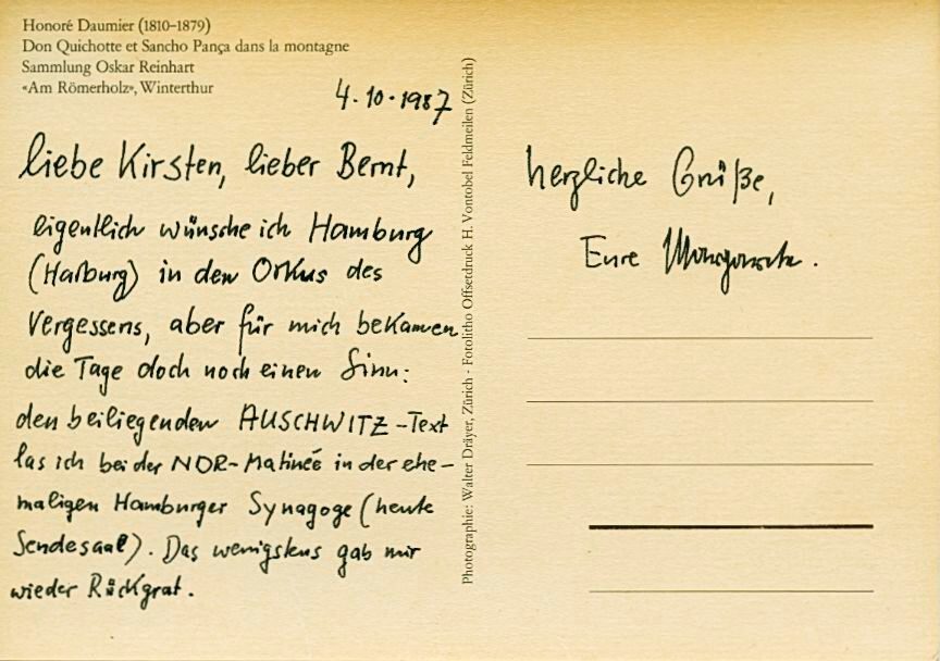 Postkarte von Margarete Hannsmann an Bernt und Kirsten Engelmann, 1987