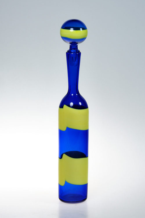 Fulvio Bianconi (Entwurf), Blaue und gelbe Karaffe "a fascie" mit Stöpsel, ca. 1951–1955 (Entwurf), vor 1958 (Ausführung)