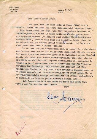 Brief von Lilian Harvey an Frank Arnau, 1957