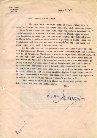 Brief von Lilian Harvey an Frank Arnau, 1957