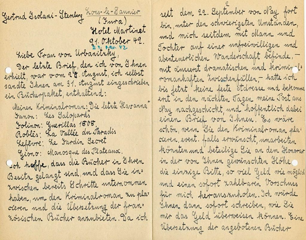 Brief von Gertrud Isolani an Grete von Urbanitzky, 1942, Seite 1 und 2