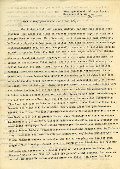 Brief von Gertrud Isolani an Grete von Urbanitzky, 1945, 1. Seite