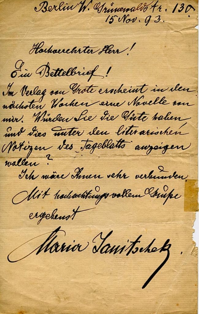 Brief von Maria Janitschek an Unbekannt, 1893