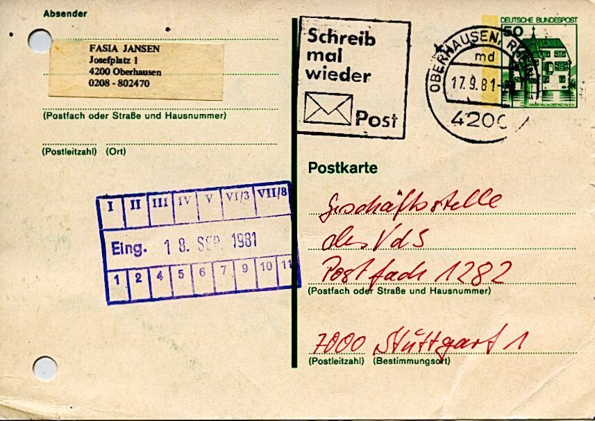 Postkarte von Fasia Jansen an die Geschäftsstelle des VS, 1981, Rückseite