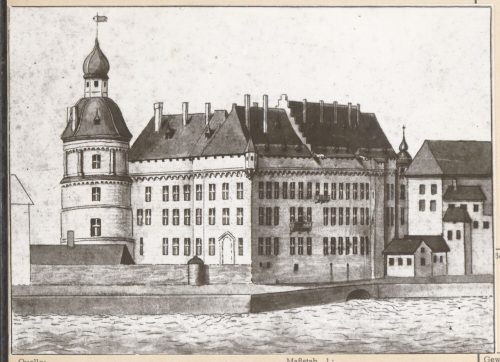 Franz Bernhard Custodis (Künstler*in), Das Herzogliche Schloß vor dem Umbau 1755. Rheinansicht, frühes/ early 19. Jahrhundert/ Century