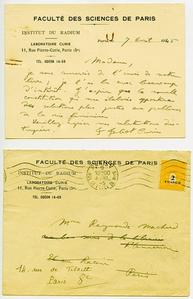 Brief von Irène Joliot-Curie an Raymonde Machard