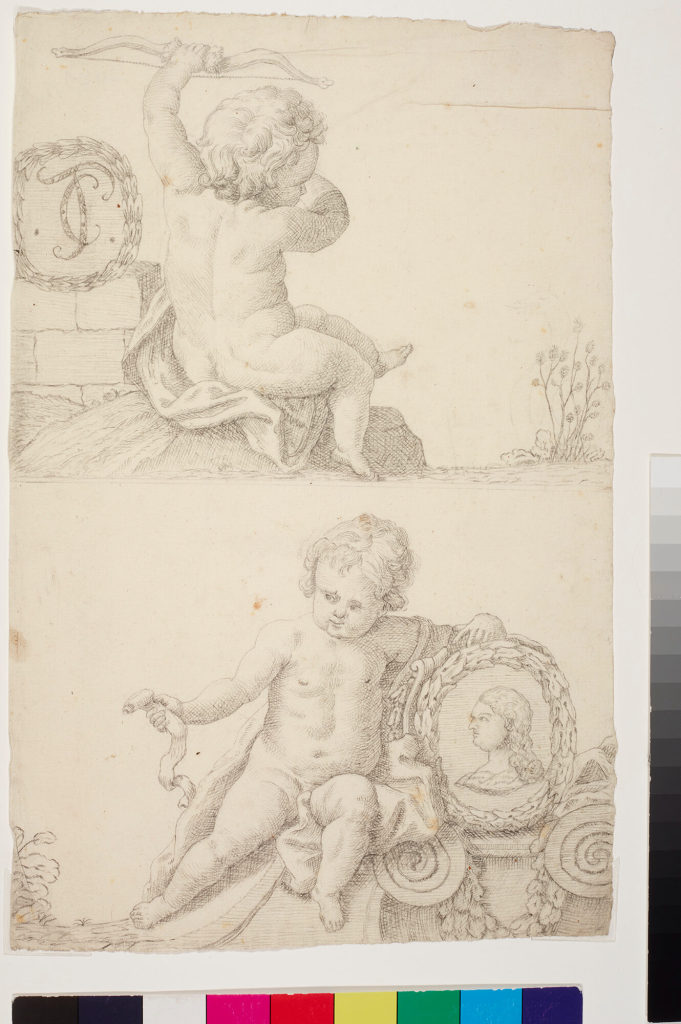 Blatt mit zwei Entwürfen für Puttenfiguren
a)	Putto in Rückenansicht mit Bogen und Medaillon mit den Initialen CT
b)	Putto, der sich auf ein Medaillon mit der Profilansicht von Kurfürst Carl Theodor stützt
