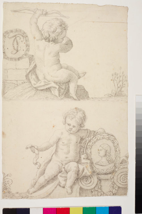 Carl Philipp Theodor <IV., Kurfürst> (Dargestellt), Blatt mit zwei Entwürfen für Puttenfiguren
a)	Putto in Rückenansicht mit Bogen und Medaillon mit den Initialen CT
b)	Putto, der sich auf ein Medaillon mit der Profilansicht von Kurfürst Carl Theodor stützt
, um 1760