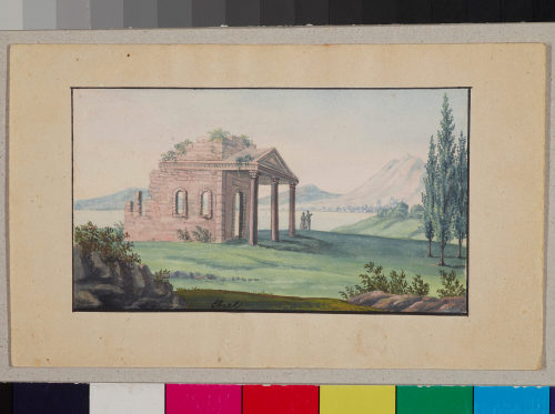 Josef Eberl (Maler*in), Landschaftsgarten mit Tempelruine am Traunsee, um 1820/30