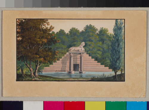 Josef Eberl (Maler*in), Landschaftsgarten mit Pyramide und Sphinx, um 1820/30