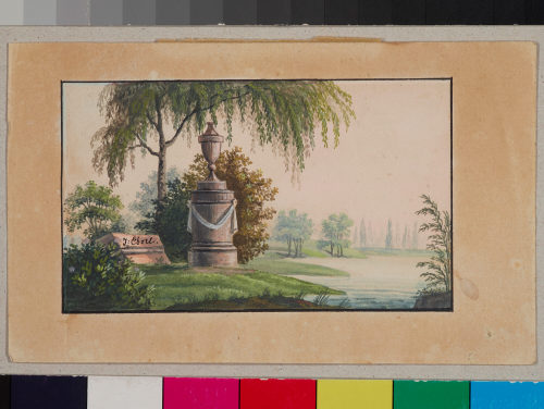 Josef Eberl (Maler*in), Landschaftsgarten mit Urnenvase auf rundem Sockel an einem See, um 1820/30