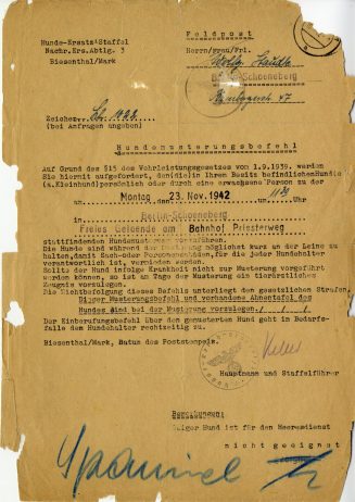 Musterungsbefehl für Wolfgang Staudtes Hund, Biesenthal/Mark, 23.11.1942