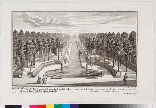 Karl Remshard (Radierer*in), Prospect und perspectiv deß Canals und gegentheil con der Cascade gegen dem Schloß in Nymphenburg., 1717/1722